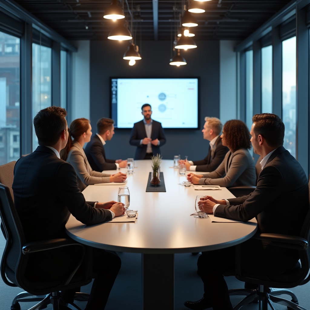 Sessione di formazione corporate con gruppo di manager attorno a un tavolo moderno in sala conferenze