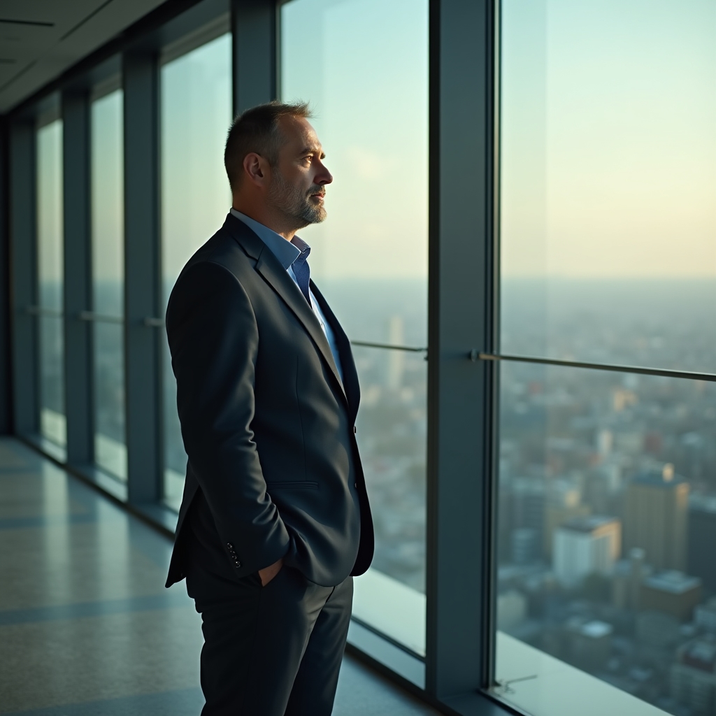 Manager in riflessione in un ambiente di lavoro contemporaneo