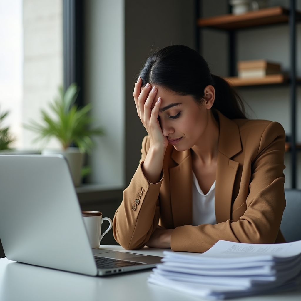 Manager alla scrivania con documenti e schermo, espressione concentrata e affaticata