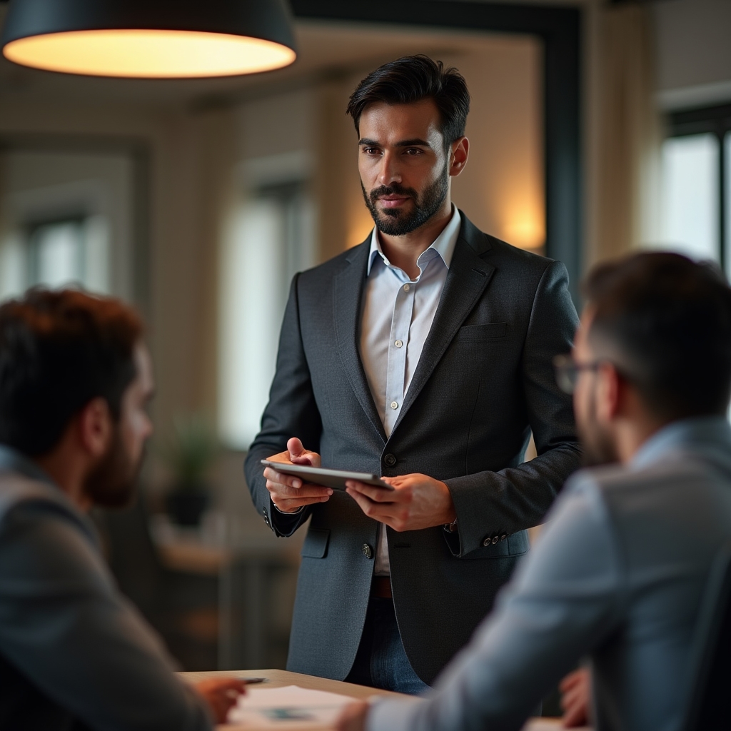 Manager di medio livello in riunione con il proprio team, espressione attenta e postura professionale